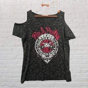Maurices Women’s Rock & Roll Graphic Tee Shirt Shoulder Black Gray Party Top 1X